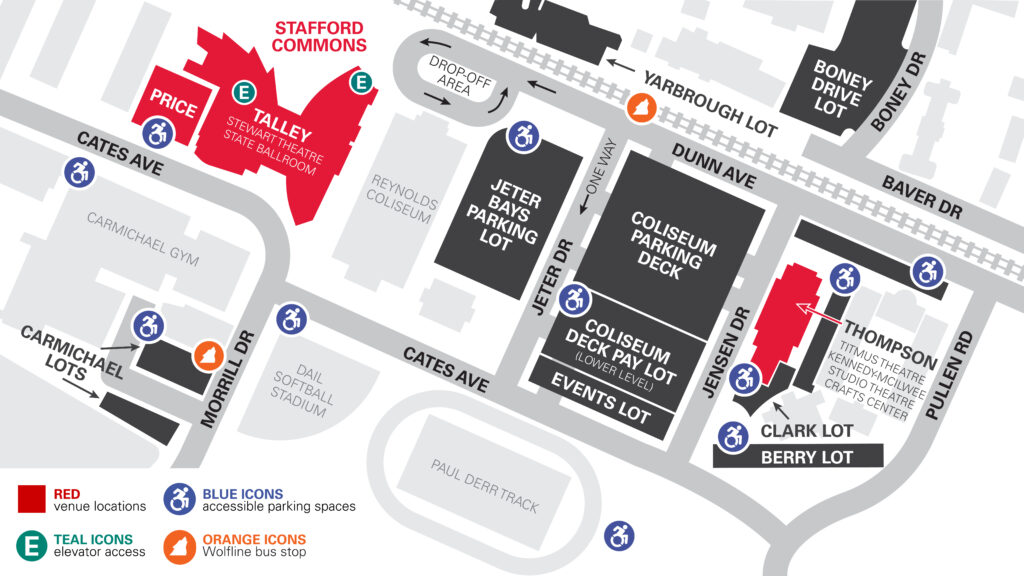 Map of performance spaces at NC State and accessible parking