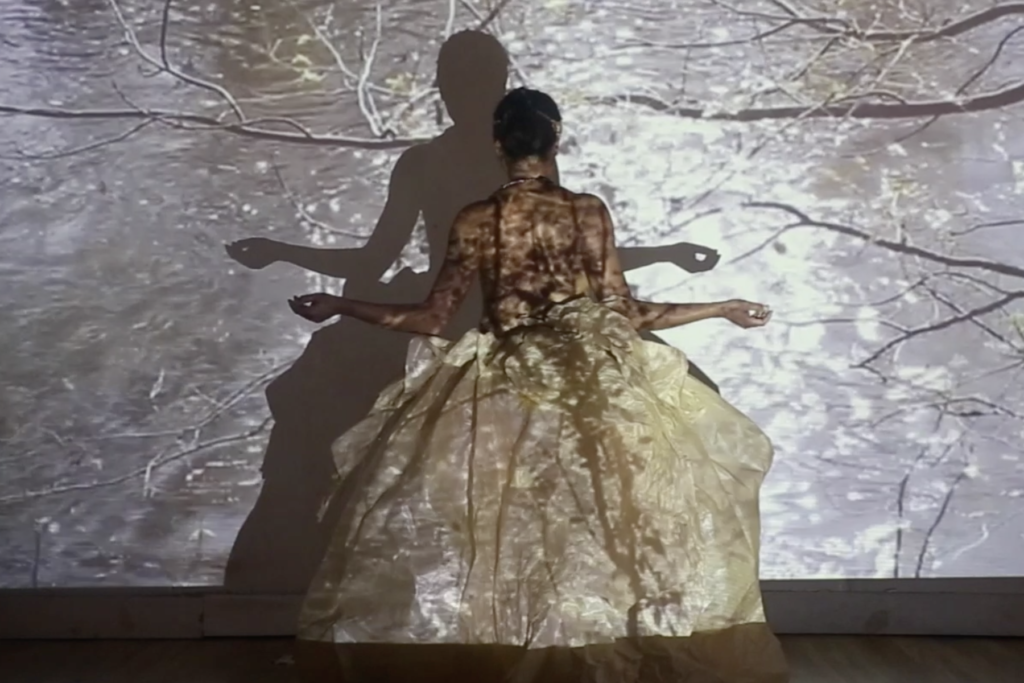 Murielle Elizéon stands with her back to the camera in a giant dress bathed in a projection of branches and water. Photo by Sarah Marguier.