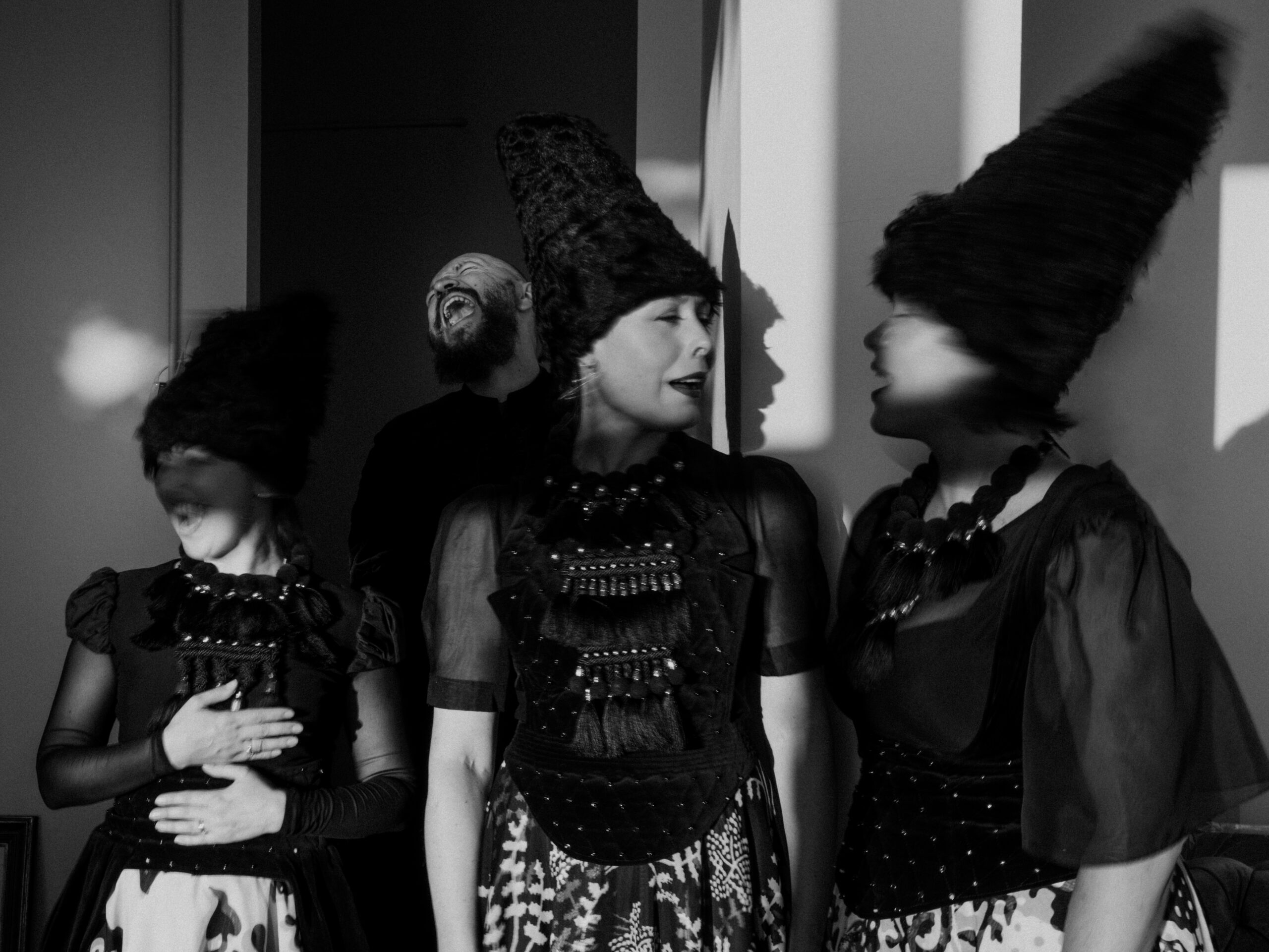 DakhaBrakha band in motion, black and white photo