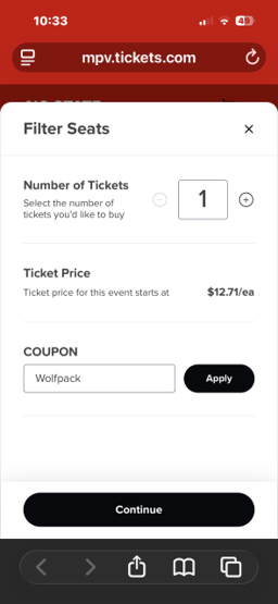 Screen shot of Ticket Central showing Coupon code WOLFPACK.