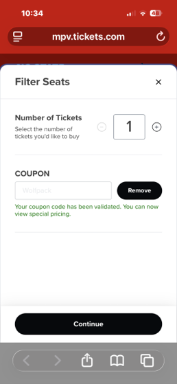 Screen shot of Ticket Central showing that coupon code WOLFPACK has been validated.
