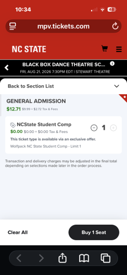 Screen Shot of Ticket Central showing the button "Buy 1 Seat"