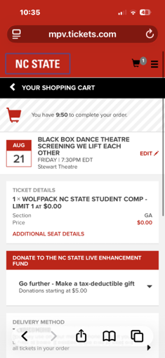 Screen shot of Ticket Centrl showing the top of the shopping cart.