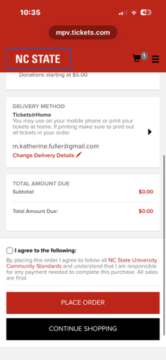 Screen shot of Ticket Central showing the bottom of the shopping cart.