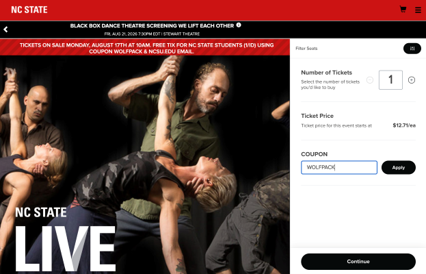 Screenshot of Ticket Central's desktop site showing Coupon code WOLFPACK.
