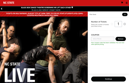 Screenshot of Ticket Central's desktop site showing that coupon code WOLFPACK has been validated.