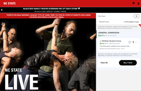 Screen Shot of Ticket Central showing the button "Buy 1 Seat"