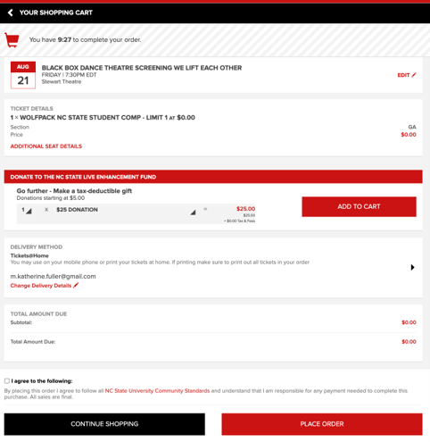 Screenshot of Ticket Central cart on a desktop